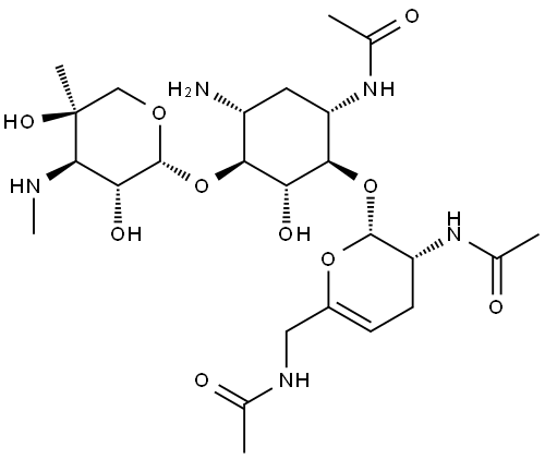 D-Streptamine, O-2,6-bis(acetylamino)-2,3,4,6-tetradeoxy-α-D-glycero-hex-4-enopyranosyl-(1→4)-O-[3-deoxy-4-C-methyl-3-(methylamino)-β-L-arabinopyranosyl-(1→6)]-N3-acetyl-2-deoxy- 化学構造式