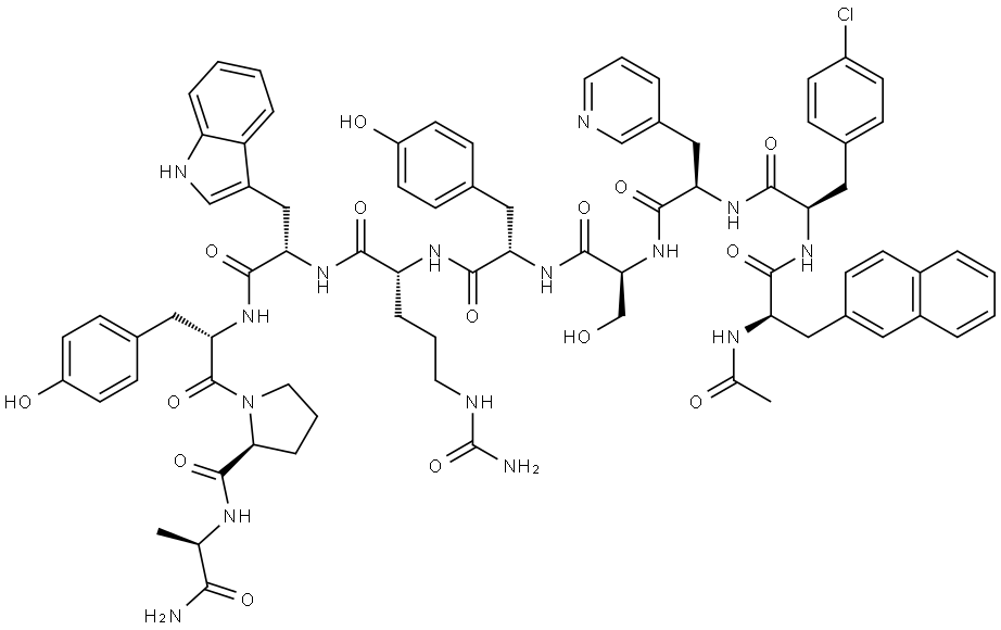 D-Alaninamide, N-acetyl-3-(2-naphthalenyl)-D-alanyl-4-chloro-D-phenylalanyl-3-(3-pyridinyl)-D-alanyl-L-seryl-L-tyrosyl-N5-(aminocarbonyl)-D-ornithyl-L-tryptophyl-L-tyrosyl-L-prolyl- Structure