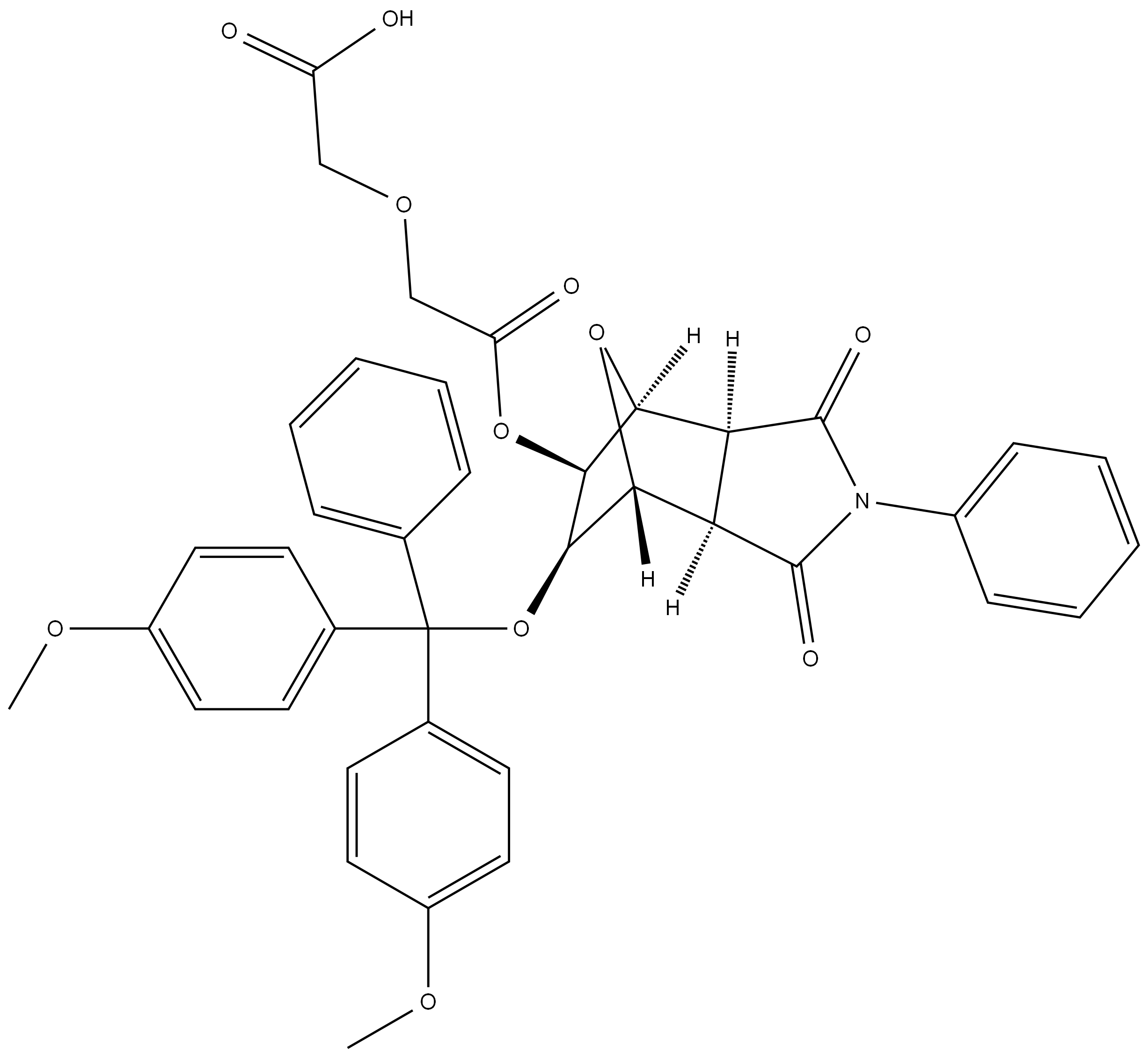 2-(2-(((3aR,4R,5R,6S,7S,7aS)-6-(bis(4-methoxyphenyl)(phenyl)methoxy)-1,3-dioxo-2-phenyloctahydro-1H-4,7-epoxyisoindol-5-yl)oxy)-2-oxoethoxy)acetic acid,730963-49-2,结构式