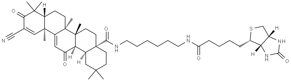 1H-Thieno[3,4-d]imidazole-4-pentanamide, N-[6-[(2-cyano-3,12,28-trioxooleana-1,9(11)-dien-28-yl)amino]hexyl]hexahydro-2-oxo-, (3aS,4S,6aR)-,774182-94-4,结构式