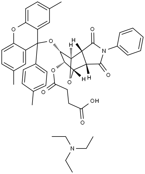 triethylamine 4-(((3aR,4R,5R,6S,7S,7aS)-6-((2,7-dimethyl-9-(p-tolyl)-9H-xanthen-9-yl)oxy)-1,3-dioxo-2-phenyloctahydro-1H-4,7-epoxyisoindol-5-yl)oxy)-4-oxobutanoate 结构式