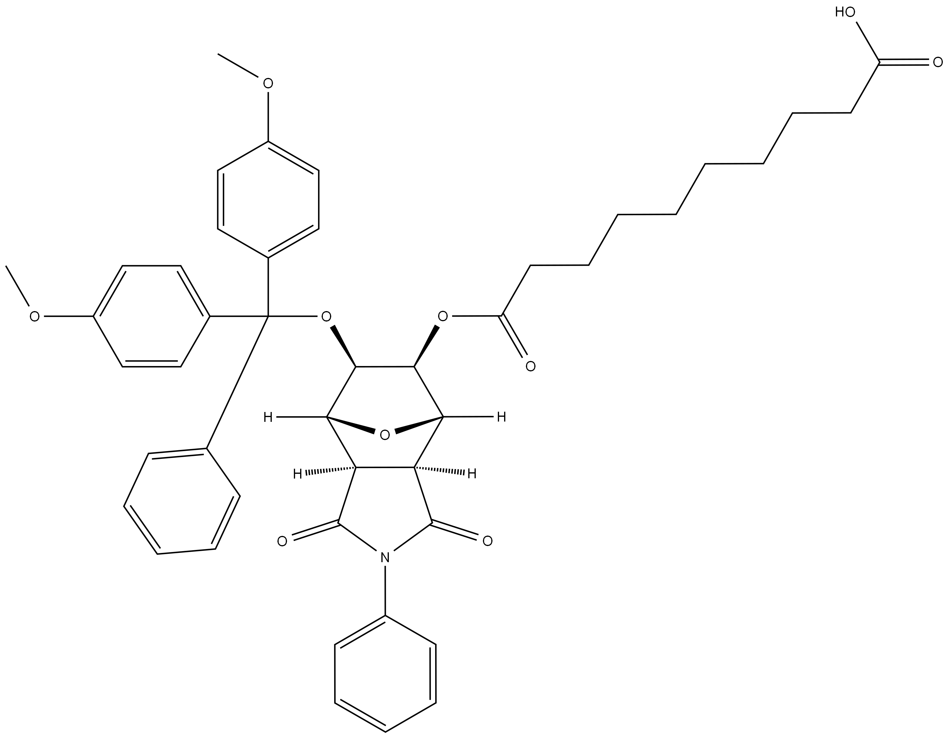 10-(((3aR,4R,5R,6S,7S,7aS)-6-(bis(4-methoxyphenyl)(phenyl)methoxy)-1,3-dioxo-2-phenyloctahydro-1H-4,7-epoxyisoindol-5-yl)oxy)-10-oxodecanoate 结构式