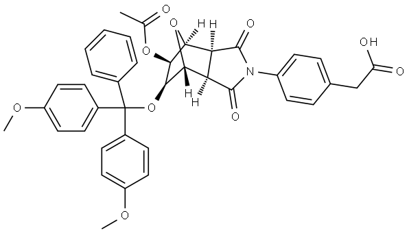 2-(4-((3aR,4R,5R,6S,7S,7aS)-5-acetoxy-6-(bis(4-methoxyphenyl)(phenyl)methoxy)-1,3-dioxohexahydro-1H-4,7-epoxyisoindol-2(3H)-yl)phenyl)acetic acid,852684-18-5,结构式