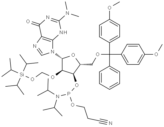 N2,N2-Dimethyl-5’-O-DMTr -2’-O-TBDMS guanosine 3’-CED phosphoramidite Struktur