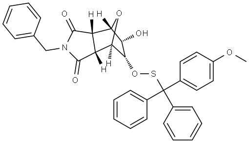 (3aR,4R,5R,6R,7S,7aS)-2-benzyl-5-hydroxy-6-((((4-methoxyphenyl)diphenylmethyl)thio)oxy)hexahydro-1H-4,7-epoxyisoindole-1,3(2H)-dione Structure