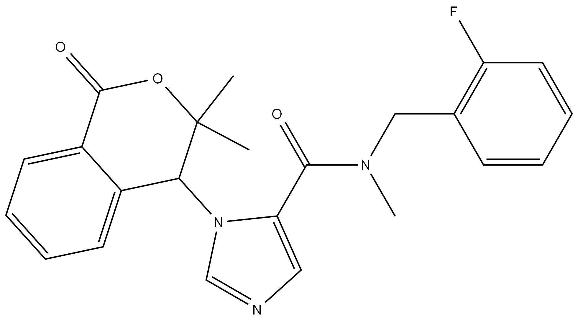 1H-Imidazole-5-carboxamide, 1-(3,4-dihydro-3,3-dimethyl-1-oxo-1H-2-benzopyran-4-yl)-N-[(2-fluorophenyl)methyl]-N-methyl-,952492-80-7,结构式