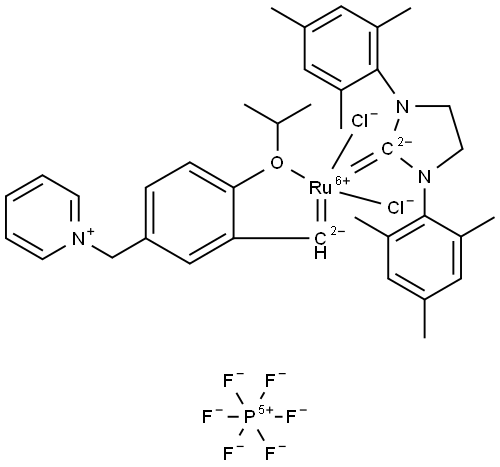 Ruthenium(1+),[1,3-bis(2,4,6-trimethylphenyl)-2-imidazolidinylidene]dichloro[[2-(1-methylethoxy-κO)-5-(pyridiniomethyl)phenyl]methylene-κC]-, (SP-5-41)-, hexafluorophosphate(1-) (1:1) (ACI) Structure
