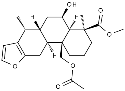 Phenanthro[3,2-b]furan-4-carboxylic acid, 11b-[(acetyloxy)methyl]-1,2,3,4,4a,5,6,6a,7,11,11a,11b-dodecahydro-5-hydroxy-4,7-dimethyl-, methyl ester, (4S,4aR,5R,6aS,7R,11aS,11bS)- Structure