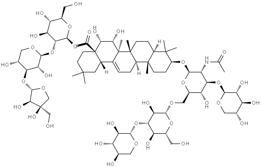 Olean-12-en-28-oic acid, 15,16-dihydroxy-3-[[O-β-D-xylopyranosyl-(1→3)-O-β-D-glucopyranosyl-(1→6)-O-[β-D-xylopyranosyl-(1→3)]-2-(acetylamino)-2-deoxy-β-D-glucopyranosyl]oxy]-, O-D-apio-β-D-furanosyl-(1→3)-O-β-D-xylopyranosyl-(1→2)-β-D-glucopyranosyl ester, (3β,15α,16α)- Structure