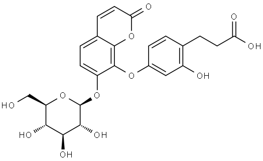 Benzenepropanoic acid, 4-[[7-(β-D-glucopyranosyloxy)-2-oxo-2H-1-benzopyran-8-yl]oxy]-2-hydroxy- Struktur