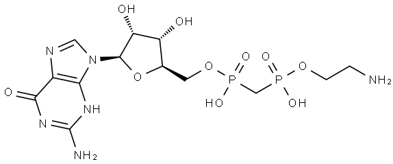 ((2R,3S,4R,5R)-5-(2-amino-6-oxo-1,6-dihydro-9H-purin-9-yl)-3,4-dihydroxytetrahydrofuran-2-yl)methyl hydrogen (((2-aminoethoxy)(hydroxy)phosphoryl)methyl)phosphonate Structure