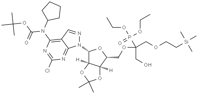 tert-butylN-[1-[(3aR,4R,6R,6aR)-6-[[1-diethoxyphosphoryl-1-(hydroxymethyl)-2-(2-trimethylsilylethoxy)ethoxy]methyl]-2,2-dimethyl-3a,4,6,6a-tetrahydrofuro[3,4-d][1,3]dioxol-4-yl]-6-chloropyrazolo[3,4-d]pyrimidin-4-yl]-N-cyclopentylcarbamate Struktur