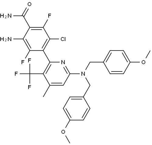 2-Amino-4-[6-[bis[(4-methoxyphenyl)methyl]amino]-4-methyl-3-(trifluoromethyl)-2-pyridinyl]-5-chloro-3,6-difluorobenzamide Struktur