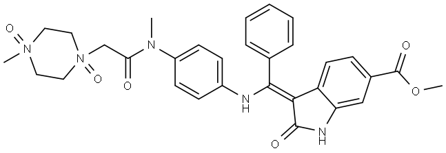(Z)-1-(2-((4-(((6-(Methoxycarbonyl)-2-oxoindolin-3-ylidene)(phenyl)methyl)amino)phenyl)(methyl)amino)-2-oxoethyl)-4-methylpiperazine 1,4-dioxide Struktur