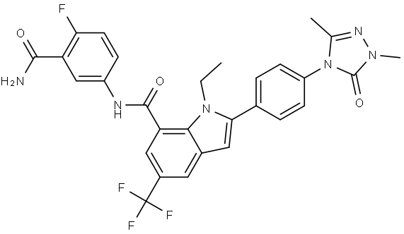 1H-Indole-7-carboxamide, N-[3-(aminocarbonyl)-4-fluorophenyl]-2-[4-(1,5-dihydro-1,3-dimethyl-5-oxo-4H-1,2,4-triazol-4-yl)phenyl]-1-ethyl-5-(trifluoromethyl)- Structure
