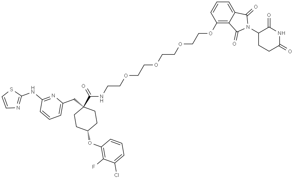 Cyclohexanecarboxamide, 4-(3-chloro-2-fluorophenoxy)-N-[2-[2-[2-[2-[[2-(2,6-dioxo-3-piperidinyl)-2,3-dihydro-1,3-dioxo-1H-isoindol-4-yl]oxy]ethoxy]ethoxy]ethoxy]ethyl]-1-[[6-(2-thiazolylamino)-2-pyridinyl]methyl]-, trans- 化学構造式