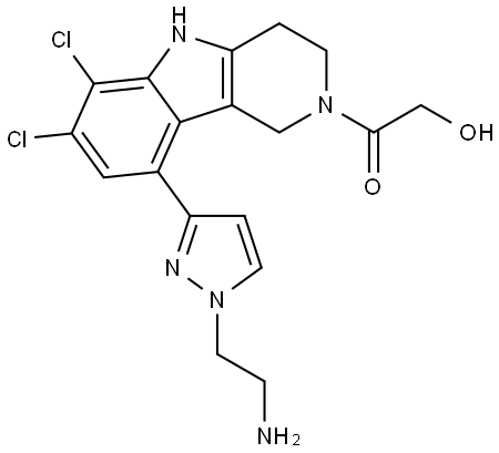 1-(9-(1-(2-aminoethyl)-1H-pyrazol-3-yl)-6,7-dichloro-1,3,4,5-tetrahydro-2H-pyrido[4,3-b]indol-2-yl)-2-hydroxyethan-1-one Structure