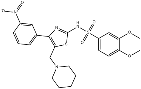 N-[4-(3-ニトロフェニル)-5-(ピペリジノメチル)チアゾール-2-イル]-3,4-ジメトキシベンゼンスルホンアミド 化学構造式