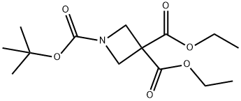 1-BOC-氮杂环丁烷-3,3-二甲酸二乙酯 结构式