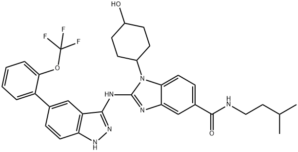 1-(4-羟基环己基)-2-[[5-(2-三氟甲氧基苯基)-1H-吲唑-3-基]氨基]-1H-苯并咪唑-5-羧酸 (3-甲基丁基)酰胺,1012104-68-5,结构式