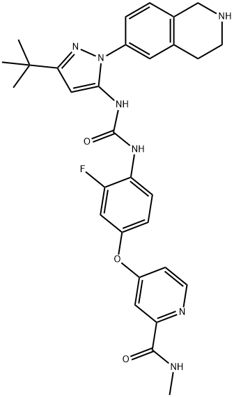 4-(4-(3-(3-(tert-Butyl)-1-(1,2,3,4-tetrahydroisoquinolin-6-yl)-1H-pyrazol-5-yl)ureido)-3-fluor,1020172-09-1,结构式