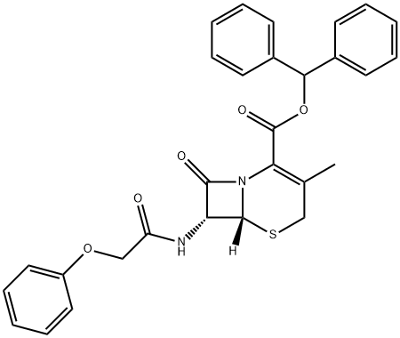 二苯基甲基(6R-反式)-3-甲基-8-氧代-7-(苯氧基乙酰氨基)-5-硫杂-1-氮杂双环[4.2.0]辛-2-烯-2-羧酸酯, 10209-10-6, 结构式