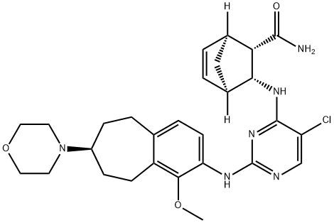 (1α,4α)-3α-[[2-[(1-メトキシ-7α-モルホリノ-6,7,8,9-テトラヒドロ-5H-ベンゾシクロヘプテン-2-イル)アミノ]-5-クロロ-4-ピリミジニル]アミノ]ビシクロ[2.2.2]オクタ-5-エン-2α-カルボアミド 化学構造式