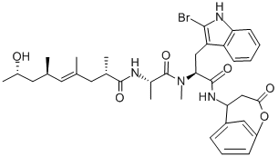 Nα-メチル-2-ブロモシクロ[D-Trp-[(3R)-3-(4-ヒドロキシフェニル)-βAla-]-[(2S,4E,6R,8S)-1-オキソ-2,4,6-トリメチル-8-ヒドロキシ*-4-ノネニル]-L-Ala-] 化学構造式