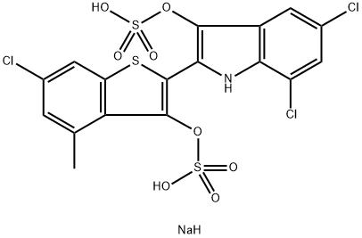 二钠[5,7-二氯-2-(6-氯-4-甲基-3-磺酸氧基-1-苯并噻吩-2-基)-1H-吲哚-3-基]硫酸盐 结构式