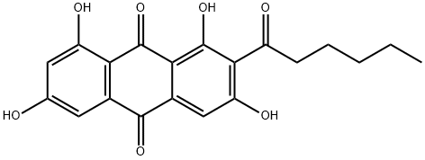 2-ヘキサノイル-1,3,6,8-テトラヒドロキシ-9,10-アントラキノン 化学構造式