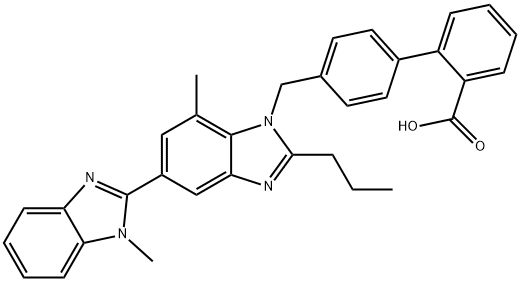 Telmisartan Related Compound B (15 mg) (4'-[(1,7'-dimethyl-2'-propyl-1H,1'H-2,5'-bibenzo[d]imidazol-1'-yl)methyl]biphenyl-2-carboxylic acid) 化学構造式