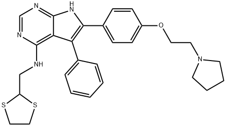 N-(1,3-二硫杂环戊烷-2-基甲基)-5-苯基-6-[4-[2-(1-吡咯烷基)乙氧基]苯基]-7H-吡咯并[2,3-D]嘧啶-4-胺 结构式