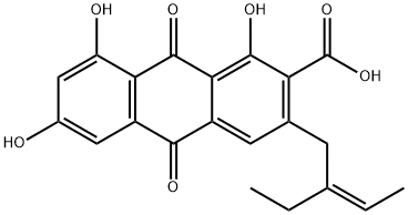 1,6,8-トリヒドロキシ-3-[(Z)-2-エチル-2-ブテニル]-9,10-ジヒドロ-9,10-ジオキソアントラセン-2-カルボン酸 化学構造式