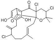 3,4a,13-トリクロロ-2,3,4,4a,11,12,13,14,15,18-デカヒドロ-9,20-ジヒドロキシ-2,2,16-トリメチル-12-メチレン-7,18a-メタノ-6,10-メテノ-5H-シクロヘキサデカ[b]ピラン-5,19-ジオン 化学構造式