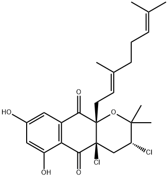 3,4a-ジクロロ-6,8-ジヒドロキシ-3,4,4a,10a-テトラヒドロ-2,2-ジメチル-10a-(3,7-ジメチル-2,6-オクタジエニル)-2H-ナフト[2,3-b]ピラン-5,10-ジオン 化学構造式