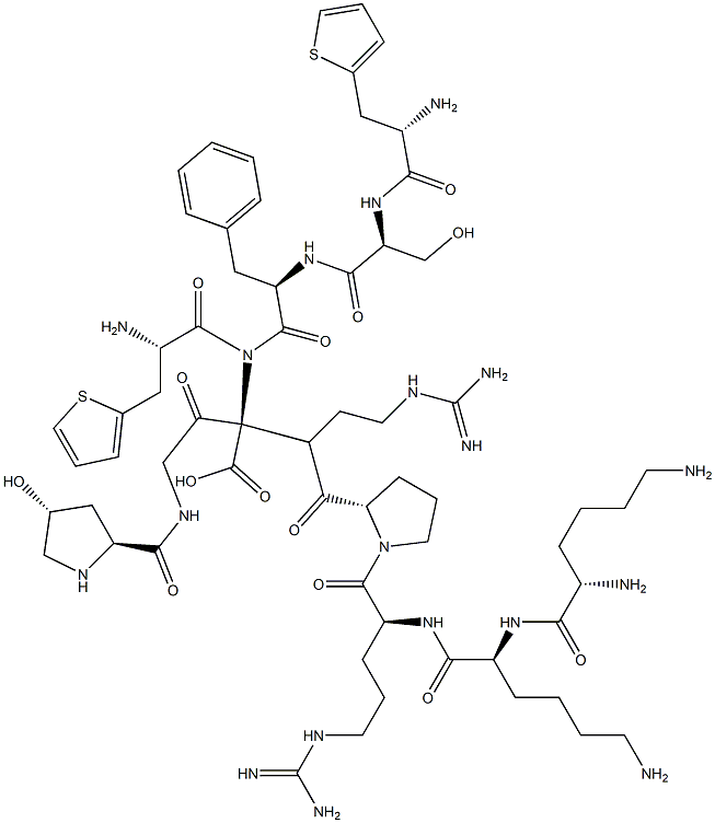L-Lys-L-Lys-L-Arg-L-Pro-L-t4Hyp-Gly-3-(2-チエニル)-L-Ala-L-Ser-D-Phe-3-(2-チエニル)-L-Ala-L-Arg-OH 化学構造式