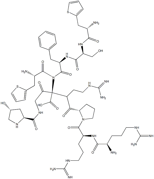 D-Arg-L-Arg-L-Pro-L-t4Hyp-Gly-3-(2-チエニル)-L-Ala-L-Ser-D-Phe-3-(2-チエニル)-L-Ala-L-Arg-OH 化学構造式