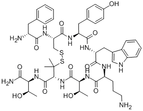 D-Phe-L-Cys(1)-L-Tyr-D-Trp-L-Orn-L-Thr-3-メルカプト(1)-L-Val-L-Thr-NH2 化学構造式