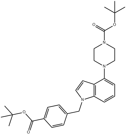 4-[1-[[4-[(tert-Butoxy)carbonyl]phenyl]methyl]-1H-indol-4-yl]-1-piperazinecarboxylic acid tert-butyl ester Struktur