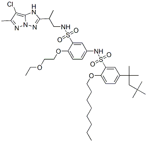 N-[3-[N-[2-(7-Chloro-6-methyl-1H-pyrazolo[1,5-b][1,2,4]triazol-2-yl)propyl]aminosulfonyl]-4-(2-ethoxyethoxy)phenyl]-2-octyloxy-5-(1,1,3,3-tetramethylbutyl)benzenesulfonamide 结构式