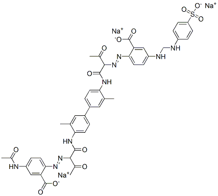 Benzoic acid, 2-[[1-[[[4'-[[2-[[4-(acetylamino) -2-carboxyphenyl]azo]-1,3-dioxobutyl]amino ]-3,3'-dimethyl[1,1'-biphenyl]-4-yl]amino]carbony l]-2-oxopropyl]azo]-5-[[[(4-sulfophenyl)amino]carbon yl]amino]-, trisodium salt Structure