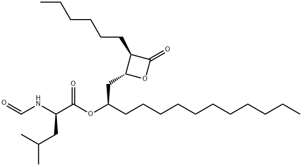 N-甲酰基-D-亮氨酸 (1R)-1-[[(2R,3R)-3-己基-4-氧代-2-氧杂环丁基]甲基]十二烷基酯,104872-27-7,结构式
