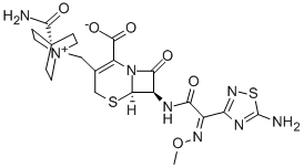 4-カルバモイル-1-[[7β-[[(Z)-(5-アミノ-1,2,4-チアジアゾール-3-イル)(メトキシイミノ)アセチル]アミノ]-4-カルボキシラトセファム-3-エン-3-イル]メチル]-1-アゾニアビシクロ[2.2.2]オクタン 化学構造式