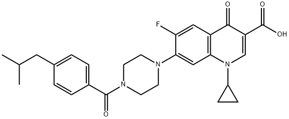 3-Quinolinecarboxylic acid, 1-cyclopropyl-6-fluoro-1,4-dihydro-7-[4-[4-(2-Methylpropyl)benzoyl]-1-piperazinyl]-4-oxo- 化学構造式