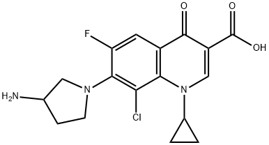 1,4-ジヒドロ-1-シクロプロピル-4-オキソ-6-フルオロ-8-クロロ-7-(3-アミノピロリジン-1-イル)キノリン-3-カルボン酸 化学構造式