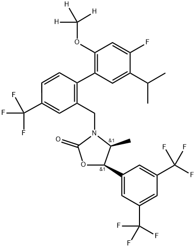 (4S,5R)-5-[3,5-二(三氟甲基)苯基]-3-[[4'-氟-2'-(三氘甲氧基)-5'-(异丙基)-4-(三氟甲基)[1,1'-联苯]-2-基]甲基]-4-甲基-2-恶唑烷酮 结构式