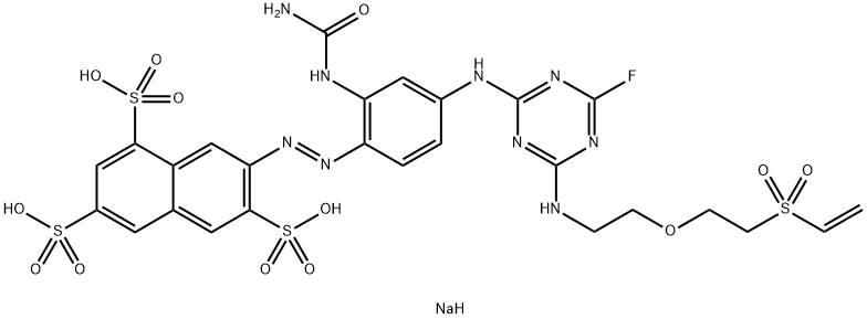 7-[4-[4-フルオロ-6-[2-[2-(ビニルスルホニル)エトキシ]エチルアミノ]-1,3,5-トリアジン-2-イルアミノ]-2-ウレイドフェニルアゾ]-1,3,6-ナフタレントリスルホン酸三ナトリウム 化学構造式