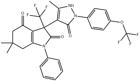 1H-INDOLE-2,4-DIONE, 3-[2,5-DIHYDRO-3-METHYL-5-OXO-1-[4-(TRIFLUOROMETHOXY)PHENYL]-1H-PYRAZOL-4-YL]-3,5,6,7-TETRAHYDRO-6,6-DIMETHYL-1-PHENYL-3-(TRIFLUOROMETHYL)- Structure