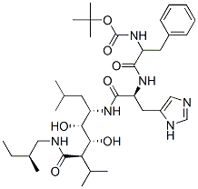 tert-butyl N-[(1S)-1-[[(1S)-1-[[(4S,5R,6R,7R)-5,6-dihydroxy-2,8-dimeth yl-7-[[(2S)-2-methylbutyl]carbamoyl]nonan-4-yl]carbamoyl]-2-(3H-imidaz ol-4-yl)ethyl]carbamoyl]-2-phenyl-ethyl]carbamate Struktur