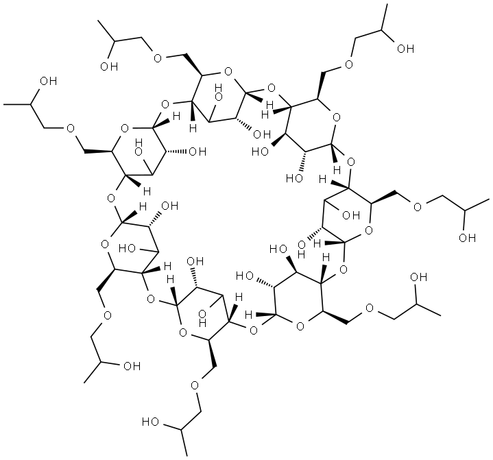 5,10,15,20,25,30,35-ヘプタキス[(2-ヒドロキシプロポキシ)メチル]-2,4,7,9,12,14,17,19,22,24,27,29,32,34-テトラデカオキサオクタシクロ[31.2.2.23,6.28,11.213,16.218,21.223,26.228,31]ノナテトラコンタン-36,37,38,39,40,41,42,43,44,45,46,47,48,49-テトラデカオール 化学構造式